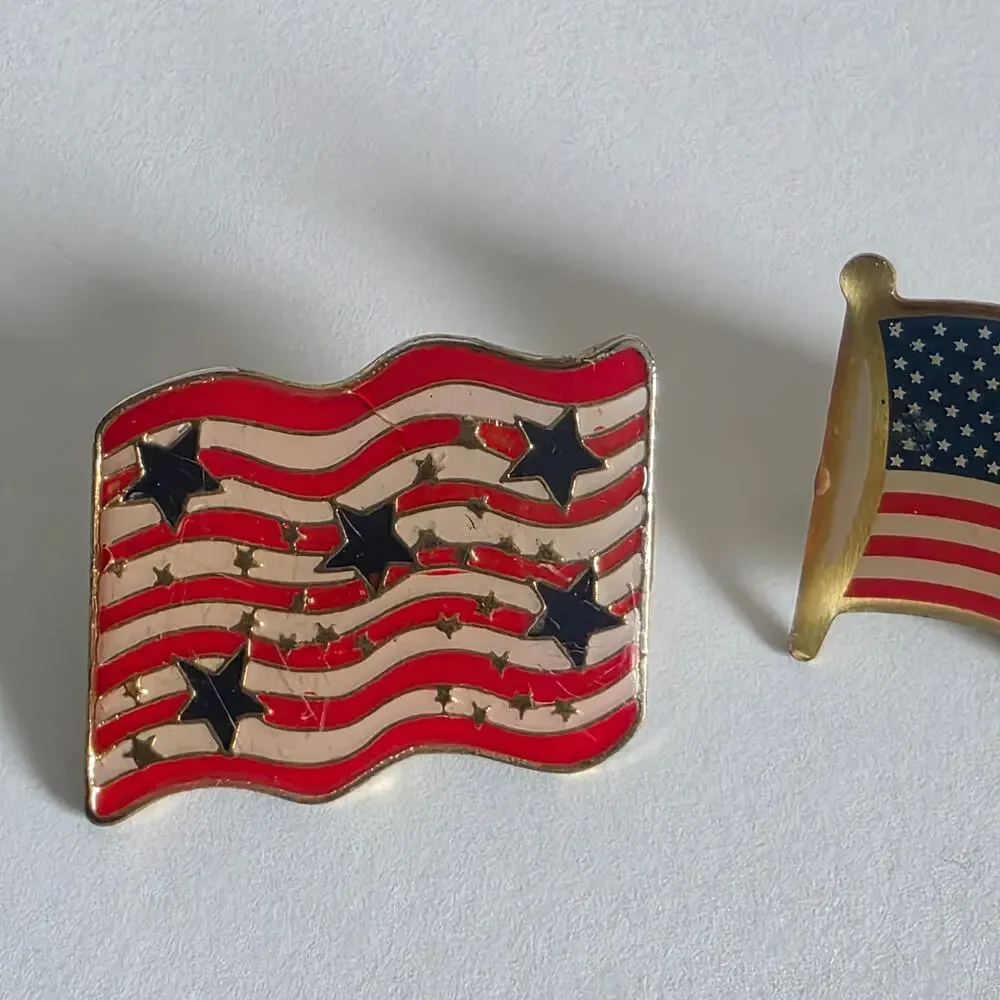 Lot of 2 Vintage American Flag Enamel Lapel Pins Patriotic USA Pinbacks